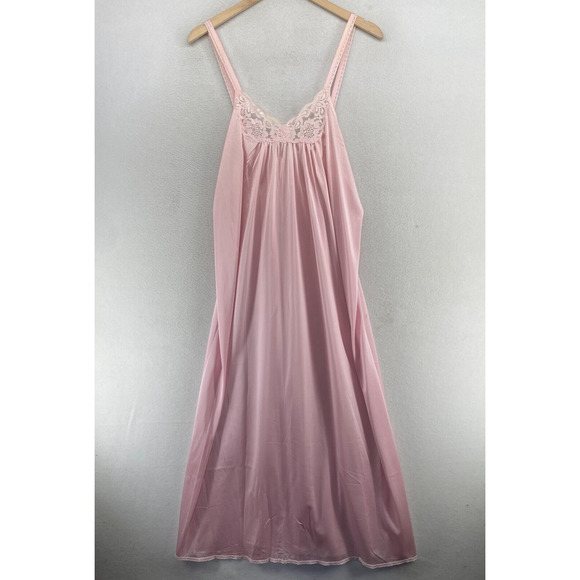 Vtg MISS ELAINE Nightgown M Slip Dress Cami Lace Trim Spaghetti Strap Pink USA